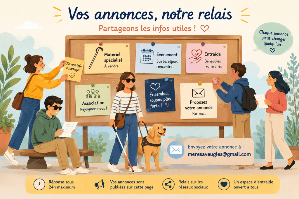 Illustration chaleureuse représentant un grand panneau d’affichage dédié aux annonces autour du handicap visuel. Plusieurs personnes sont réunies autour du panneau. Certaines déposent une annonce, d’autres lisent ou tiennent une feuille à la main. Au centre, une femme déficiente visuelle porte des lunettes noires, tient une canne blanche et se trouve accompagnée d’un chien guide. Sur le panneau, plusieurs annonces sont affichées : matériel spécialisé à vendre, événement, entraide, recherche de bénévoles, association et proposition d’annonce par mail. L’image transmet une ambiance bienveillante, solidaire et accessible. Elle illustre l’idée d’un espace où chacun peut partager une information utile, proposer une annonce ou relayer une demande en lien avec le handicap visuel.